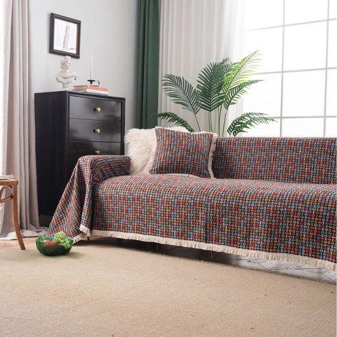 Copridivano in Poliestere Jacquard Bohemian Retrò Con Nappine Motivo Floreale Uccello Protezione Mobili per Soggiorno