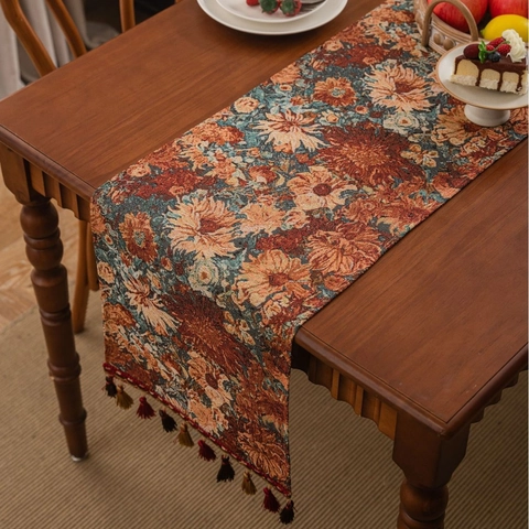 Vintage Jacquard Floral Table Runner Polyester Cotton Oil Painting Style Tassel Decor Dining Coffee Table Cloth Runner