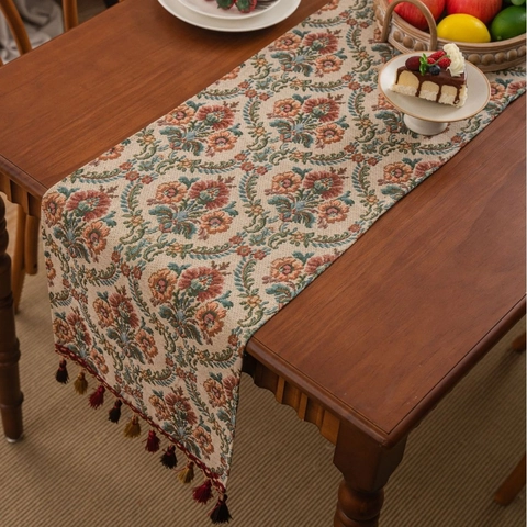 Vintage Jacquard Tafelloper Met Bloemenpatroon En Kwastjes Dikke Tafelloper Van Polyester Katoen Voor Eetkamer Huisdecoratie