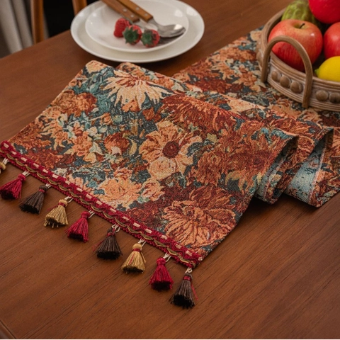 Vintage Jacquard Floral Table Runner Polyester Cotton Oil Painting Style Tassel Decor Dining Coffee Table Cloth Runner