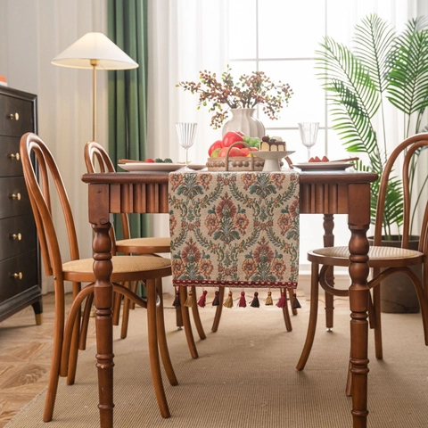 Vintage Jacquard Tafelloper Met Bloemenpatroon En Kwastjes Dikke Tafelloper Van Polyester Katoen Voor Eetkamer Huisdecoratie