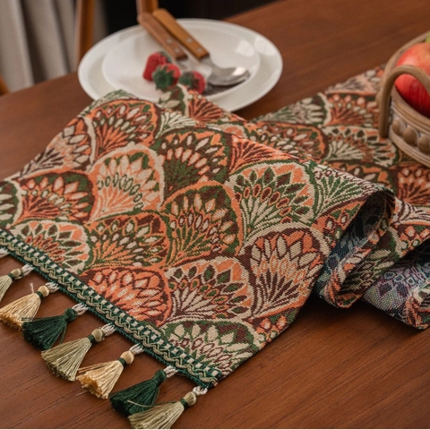 Vintage Jacquard Polyester Katoen Tafelloper Met Kwastjes Ginkgo Blad Geometrisch Patroon Voor Eetkamer Bruiloft Decoratie