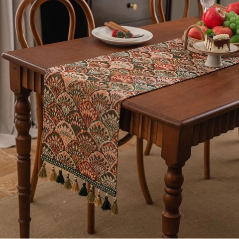 Vintage Jacquard Polyester Katoen Tafelloper Met Kwastjes Ginkgo Blad Geometrisch Patroon Voor Eetkamer Bruiloft Decoratie