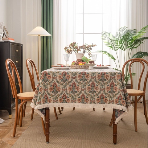 Mantel Jacquard Vintage Americano Con Borlas Patrón De Flores Y Pájaros Rectangular De Tela Mezclada Para Comedor