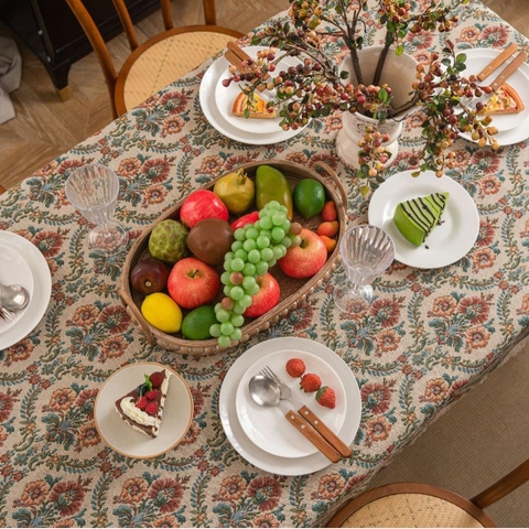 Mantel Jacquard Vintage Americano Con Borlas Patrón De Flores Y Pájaros Rectangular De Tela Mezclada Para Comedor