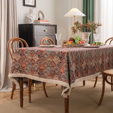 Mantel Jacquard Retro Bohemio Con Borlas Mezcla De Algodón Y Lino Rectangular Lavable Cubierta De Mesa Para Comedor