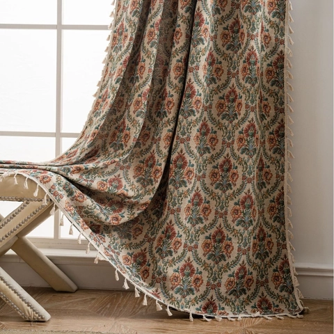 European Vintage Damask Jacquard Curtains With Tassels Floral Pattern Semi Blackout Window Drapes For Living Room Home Decor