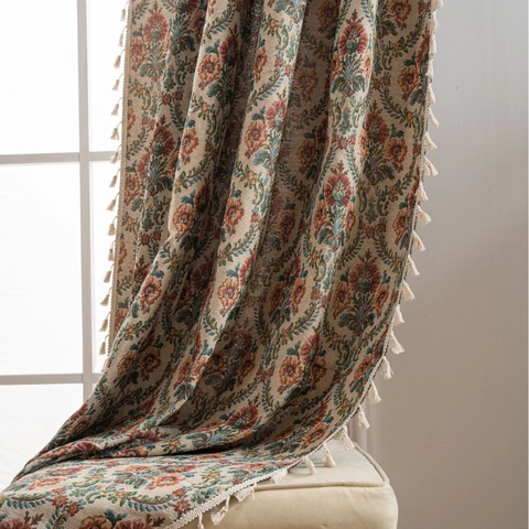 European Vintage Damask Jacquard Curtains With Tassels Floral Pattern Semi Blackout Window Drapes For Living Room Home Decor