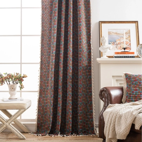 French Vintage Jacquard Curtains with Tassels Ginkgo Leaf Colorful Geometric Semi Shading Window Drapes for Living Room