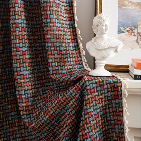 French Vintage Jacquard Curtains with Tassels Ginkgo Leaf Colorful Geometric Semi Shading Window Drapes for Living Room