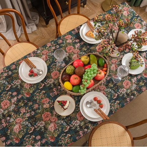 Mantel Vintage Jacquard de Flores y Pájaros Rectangular de Mezcla Poliéster Algodón con Flecos de Borlas para Comedor Hogar