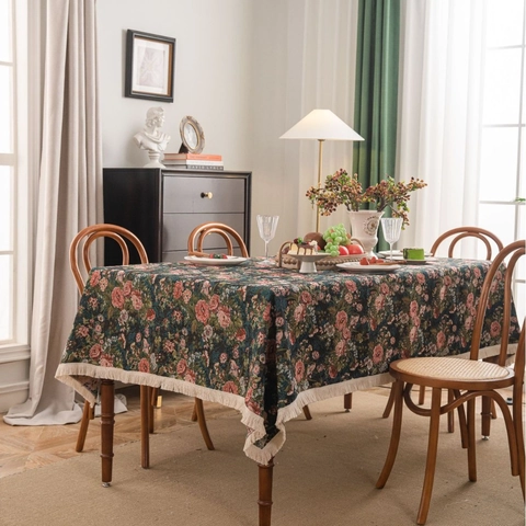 Mantel Vintage Jacquard de Flores y Pájaros Rectangular de Mezcla Poliéster Algodón con Flecos de Borlas para Comedor Hogar