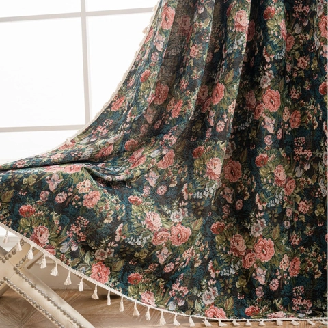 American Vintage Floral Jacquard Curtains With Tassels Heavy Duty Semi Blackout Window Treatment For Living Room Bedroom Rose Pattern Home Decor