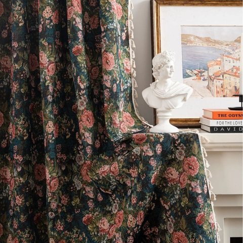 American Vintage Floral Jacquard Curtains With Tassels Heavy Duty Semi Blackout Window Treatment For Living Room Bedroom Rose Pattern Home Decor