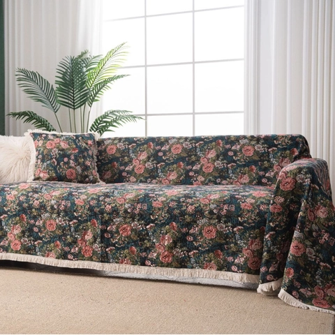 Vintage Chenille Jacquard Sofaüberwurf Mit Quasten Monet-Stil Retro Blumenmuster Decke Für Wohnzimmer Couch Deko