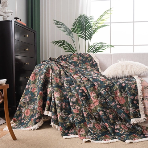 Vintage Chenille Jacquard Sofaüberwurf Mit Quasten Monet-Stil Retro Blumenmuster Decke Für Wohnzimmer Couch Deko