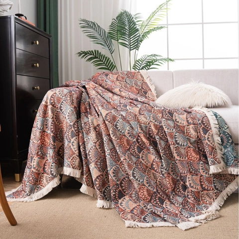 Copridivano Jacquard Retro Bohemian Con Nappine Misto Cotone Poliestere Protettore Mobili Motivo Floreale Geometrico