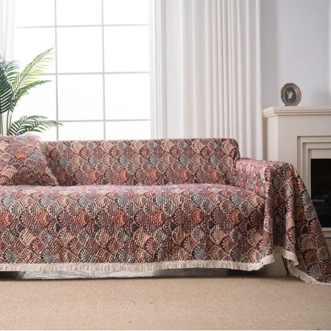 Copridivano Jacquard Retro Bohemian Con Nappine Misto Cotone Poliestere Protettore Mobili Motivo Floreale Geometrico