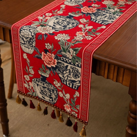 Chinese Style Jacquard Table Runner With Tassel Blue And White Porcelain Flower Pattern Long Decorative Tablecloth Home