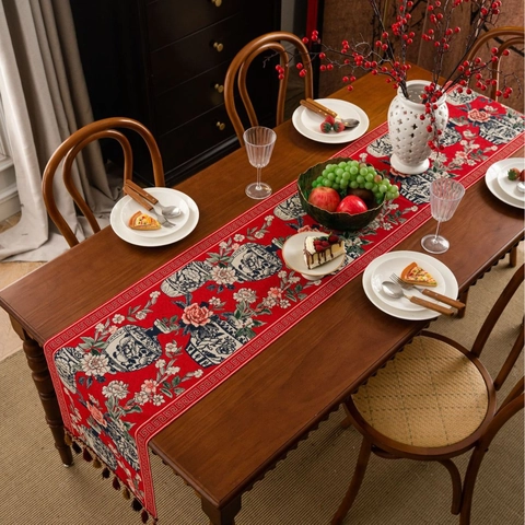 Chinese Style Jacquard Table Runner With Tassel Blue And White Porcelain Flower Pattern Long Decorative Tablecloth Home