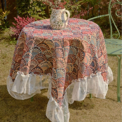 Vintage Jacquard Tablecloth With White Lace Ruffle Edge Retro Floral Geometric Table Cover For Kitchen Dining Garden Home Decorative