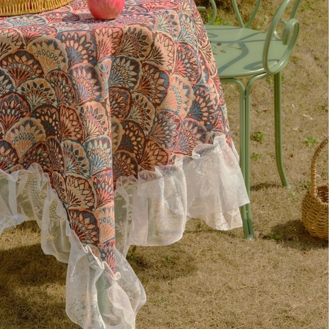 Vintage Jacquard Tablecloth With White Lace Ruffle Edge Retro Floral Geometric Table Cover For Kitchen Dining Garden Home Decorative