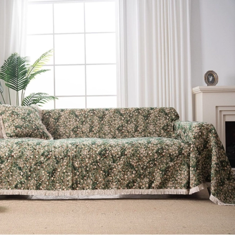 Funda de Sofá Jacquard Floral Retro Japonés Manta Tejida Gruesa Con Borlas Blancas Para Sala de Estar Decoración Hogar