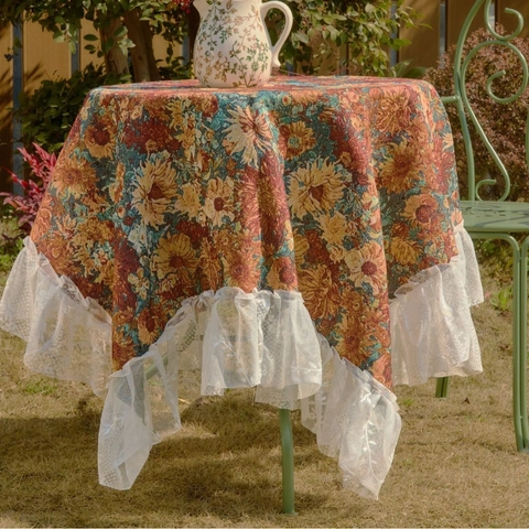 Nappe Jacquard Florale Vintage Avec Bord Volanté en Dentelle Style Peinture à l'Huile Pastorale Française Housse de Table Antipoussière