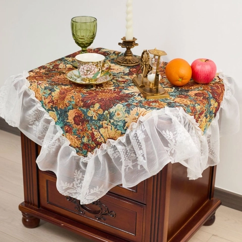 Nappe Jacquard Florale Vintage Avec Bord Volanté en Dentelle Style Peinture à l'Huile Pastorale Française Housse de Table Antipoussière