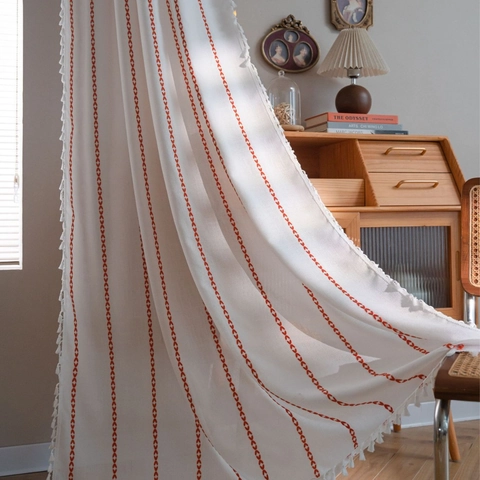 Nordic Minimalist Embroidered Polyester Curtain With Tassels Geometric Line Semi-Sheer Window Valance For Kitchen Living Room Home Decor