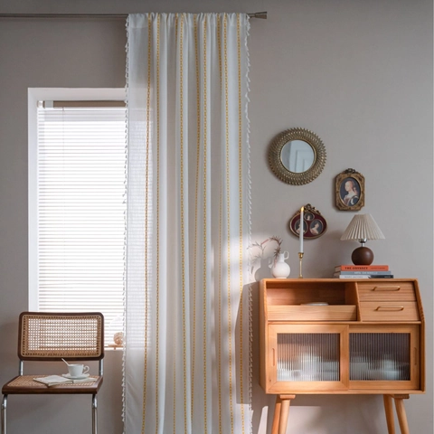 Tenda per Porta in Poliestere Ricamato Moderno Minimalista Motivo Geometrico Semioscurante Tenda da Caffè con Nappine per Cucina Soggiorno
