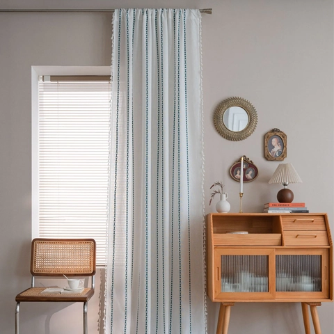 American Style Cotton Embroidered Geometric Striped Curtain With Tassels Boho Semi Shading Window Drapes For Living Room Bedroom