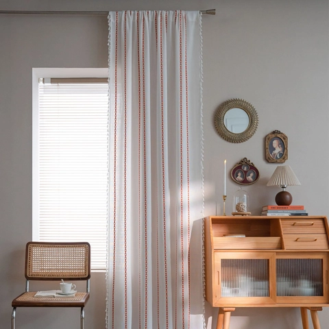 Nordic Minimalist Embroidered Polyester Curtain With Tassels Geometric Line Semi-Sheer Window Valance For Kitchen Living Room Home Decor
