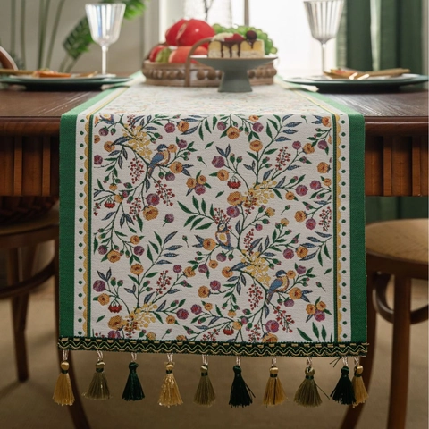 Classical Chinese Jacquard Table Runner With Tassels Polyester Cotton Blend Floral Bird Pattern Decor For Dining Room Home
