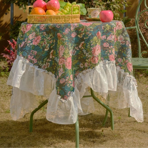 Nappe en Tissu Mélangé Jacquard Floral Vintage Housse de Table Style Peinture à l'Huile Rétro Français avec Bord à Volant en Dentelle Blanche