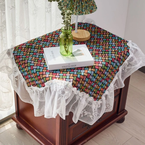 Retro Jacquard Tablecloth With Lace Ruffle Edge Polyester Cotton Geometric Floral Table Cover For Kitchen Dining Home Outdoor Decor