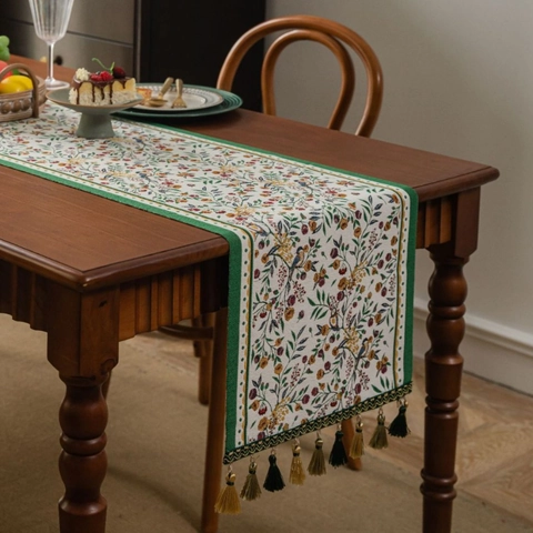 Classical Chinese Jacquard Table Runner With Tassels Polyester Cotton Blend Floral Bird Pattern Decor For Dining Room Home