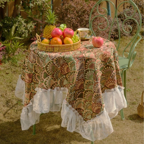 Vintage Jacquard Bloemen Tafelkleed Met Witte Kant Volant Rand Katoen Polyester Mix Pastorale Stijl Stofdichte Tafelkleed Woondecoratie