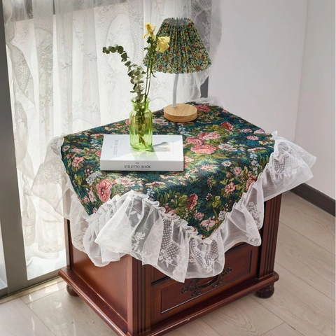Nappe en Tissu Mélangé Jacquard Floral Vintage Housse de Table Style Peinture à l'Huile Rétro Français avec Bord à Volant en Dentelle Blanche