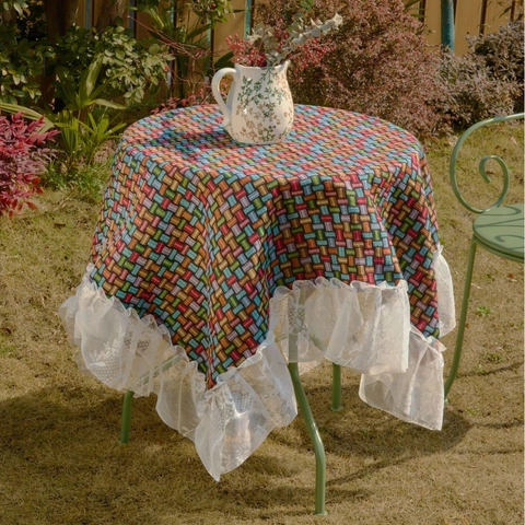 Retro Jacquard Tablecloth With Lace Ruffle Edge Polyester Cotton Geometric Floral Table Cover For Kitchen Dining Home Outdoor Decor