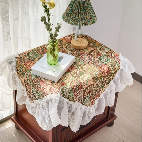 Vintage Jacquard Bloemen Tafelkleed Met Witte Kant Volant Rand Katoen Polyester Mix Pastorale Stijl Stofdichte Tafelkleed Woondecoratie
