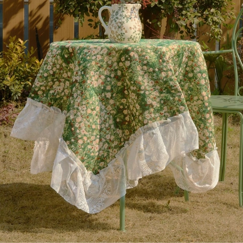 Vintage Bloemen Jacquard Tafelkleed Met Kant Ruches Rand Pastoraal Patroon Polyester Katoen Tafelkleed Voor Picknick