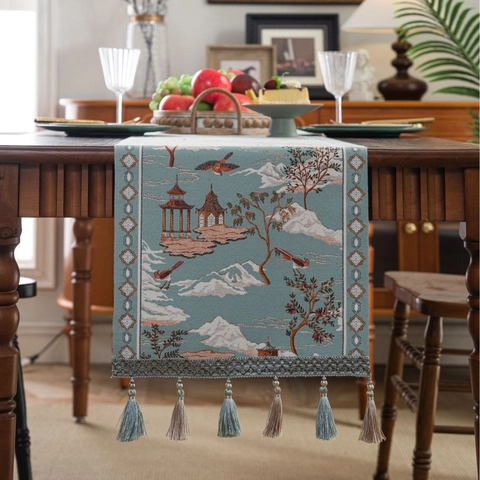 New Chinese Style Table Runner Landscape Jacquard Fabric Tablecloth With Tassels For Dining Room Coffee Table Decoration
