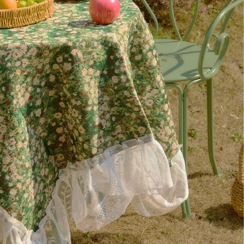 Vintage Bloemen Jacquard Tafelkleed Met Kant Ruches Rand Pastoraal Patroon Polyester Katoen Tafelkleed Voor Picknick