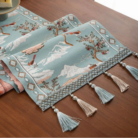 New Chinese Style Table Runner Landscape Jacquard Fabric Tablecloth With Tassels For Dining Room Coffee Table Decoration