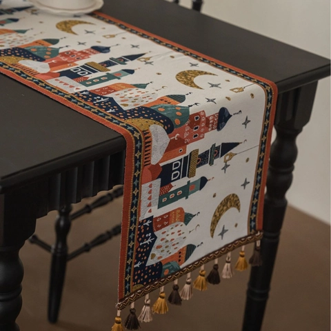 Retro Jacquard Table Runner With Tassels Polyester Cotton Castle Star Moon Morning Glory Pattern For Dining Table Living Room Decor