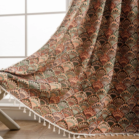 Rideaux Jacquard Bohème Vintage pour Salon Cuisine Style Américain Motif Feuille de Ginkgo Bordure à Franges Semi-Occultant Coton Polyester