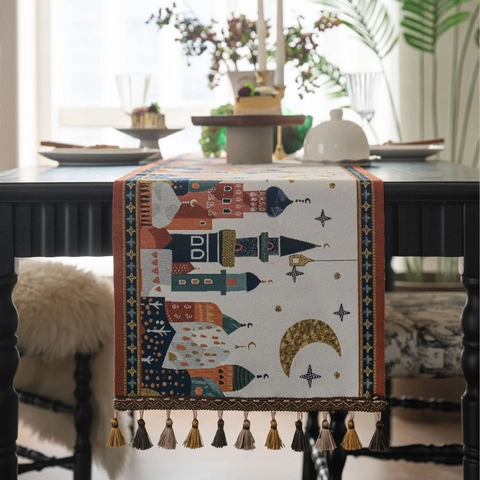 Retro Jacquard Table Runner With Tassels Polyester Cotton Castle Star Moon Morning Glory Pattern For Dining Table Living Room Decor