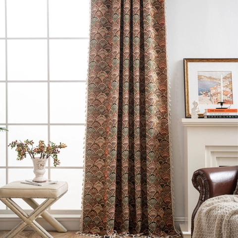 Rideaux Jacquard Bohème Vintage pour Salon Cuisine Style Américain Motif Feuille de Ginkgo Bordure à Franges Semi-Occultant Coton Polyester