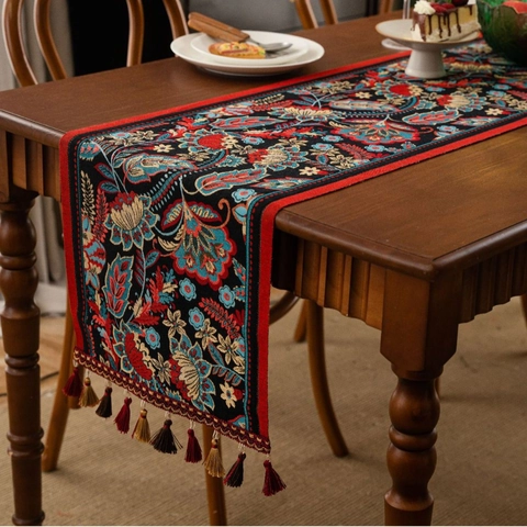 New Chinese Style Jacquard Table Runner Retro Floral Pattern With Tassels For Dining Room Coffee Table Sideboard Decor